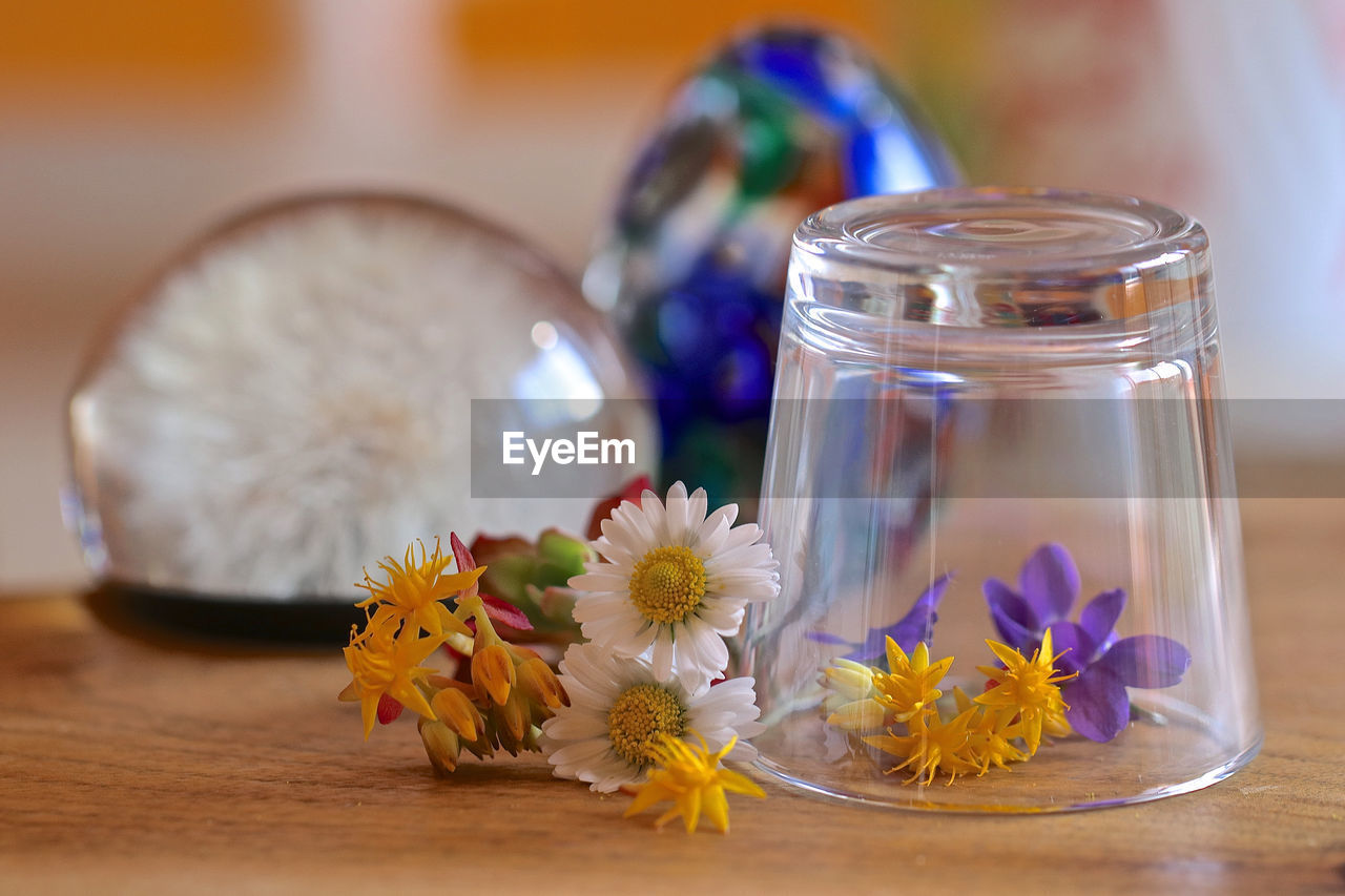 CLOSE-UP OF FLOWERS IN JAR ON GLASS TABLE