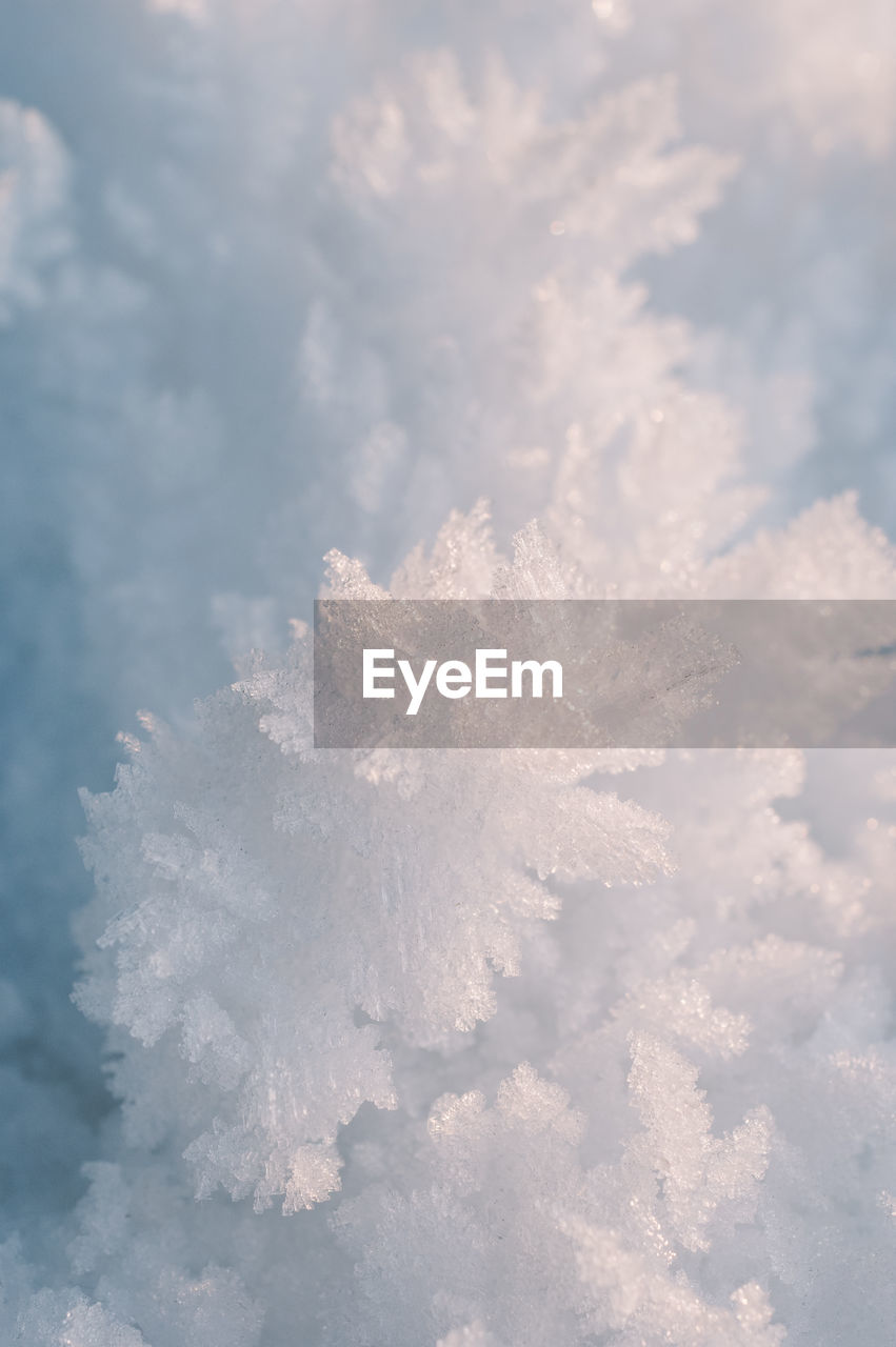 sky, cloud, freezing, nature, snow, winter, white, cold temperature, no people, beauty in nature, frost, backgrounds, day, snowflake, outdoors, blue, ice, tranquility, cloudscape, fluffy, environment, frozen, sunlight, low angle view