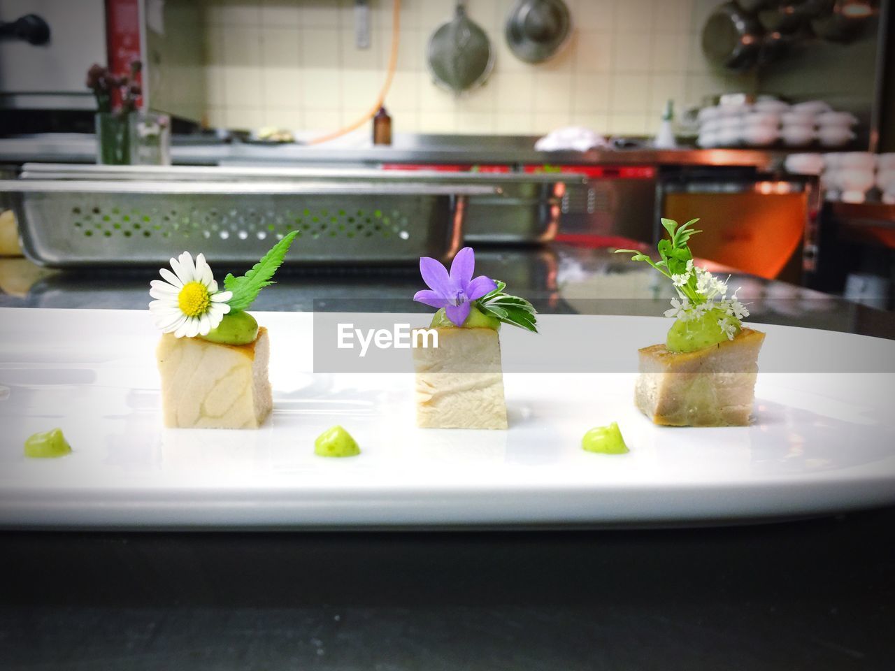 Sturgeon fish with sorrel served in tray