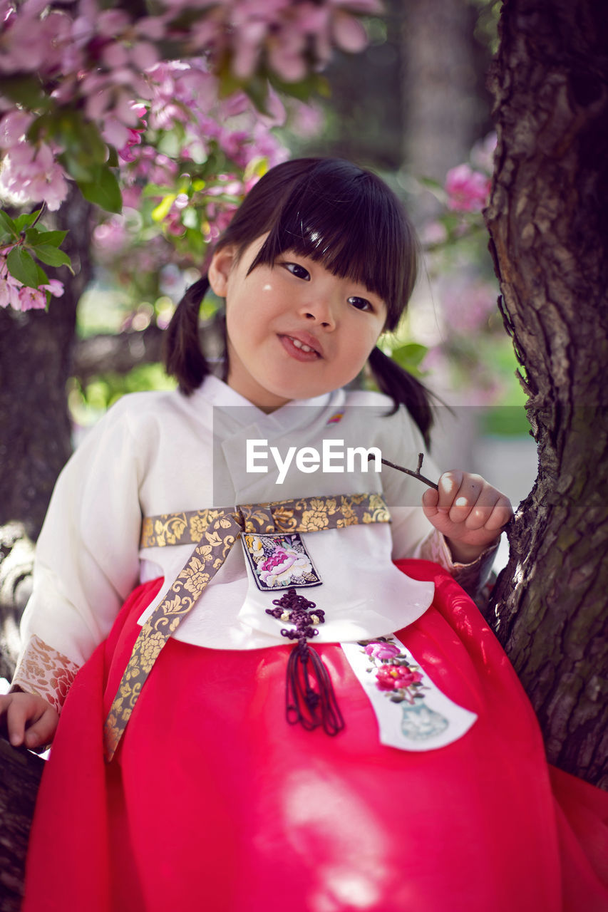 Korean girl child in a national costume sit on tree branch in a garden with cherry blossoms