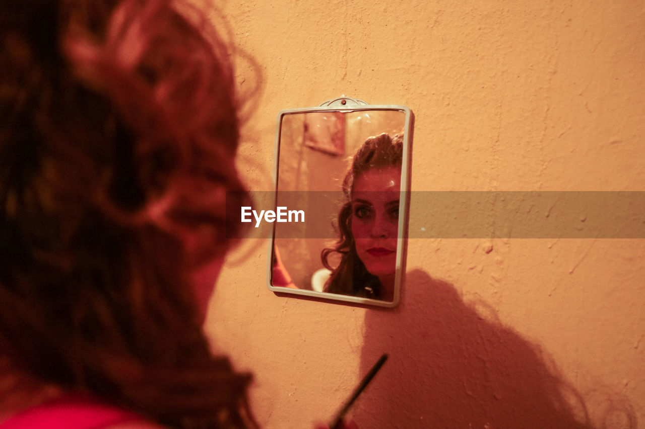 PORTRAIT OF WOMAN PHOTOGRAPHING WITH CAMERA IN MIRROR