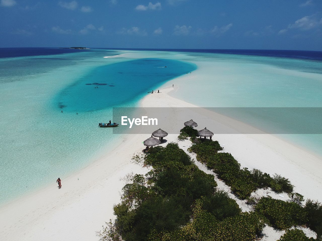 HIGH ANGLE VIEW OF BEACH AGAINST BLUE SKY