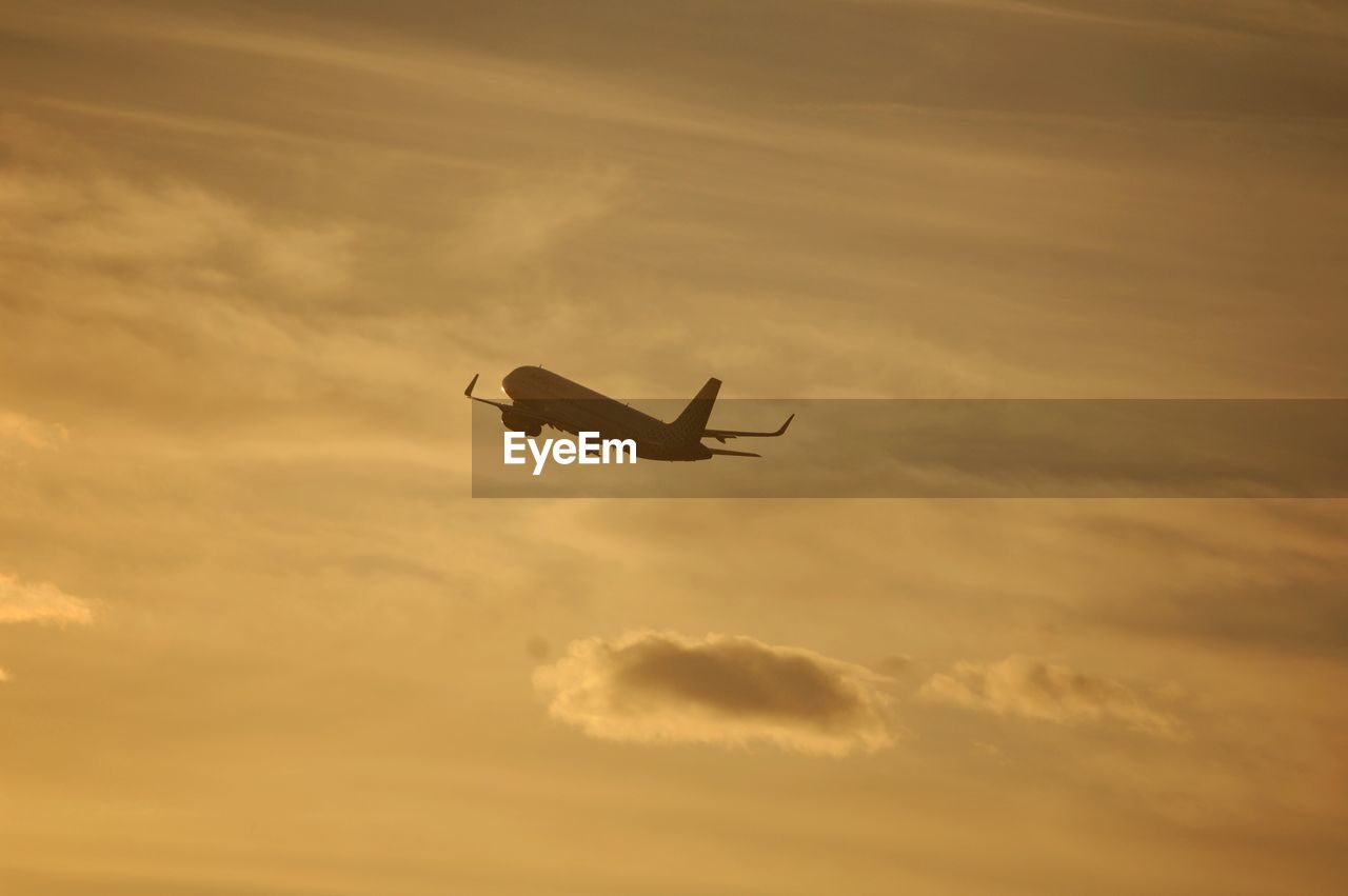 Low angle view of silhouette airplane flying in sky