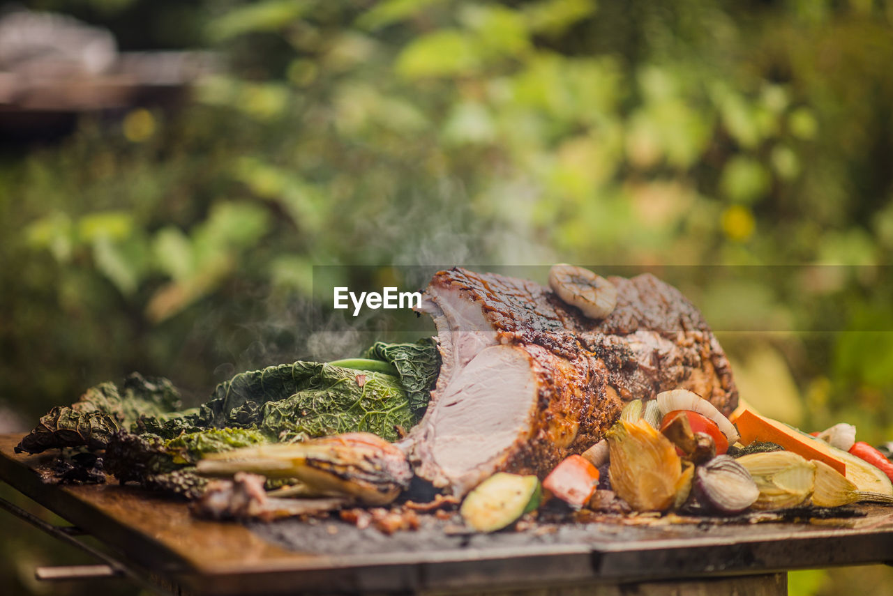 Close-up of meat on barbecue grill