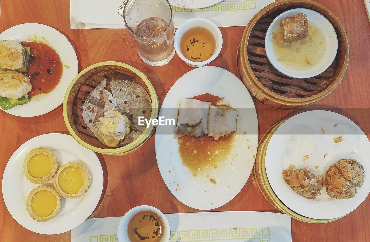 High angle view of food served on table