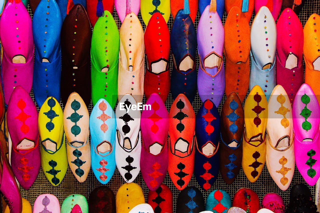 Full frame shot of colorful babouches arranged at market for sale