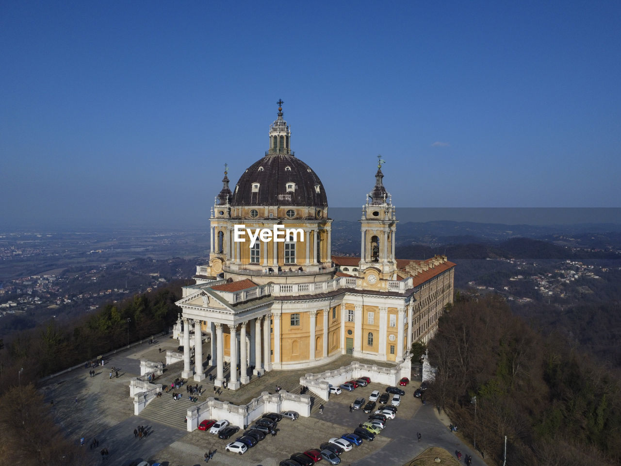 Aerial view of the superga basilica in piedmont
