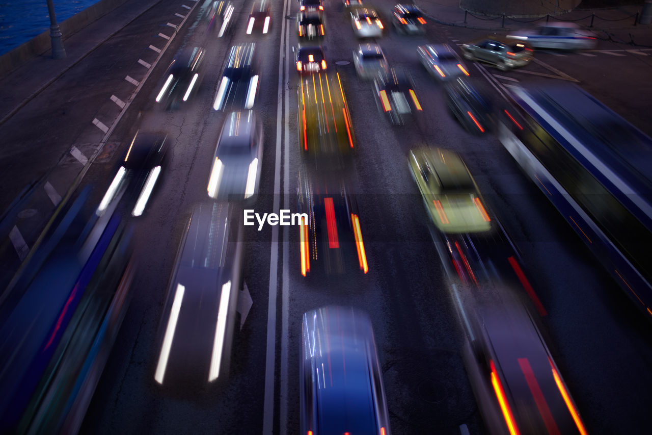 Blurred motion of cars on street at night