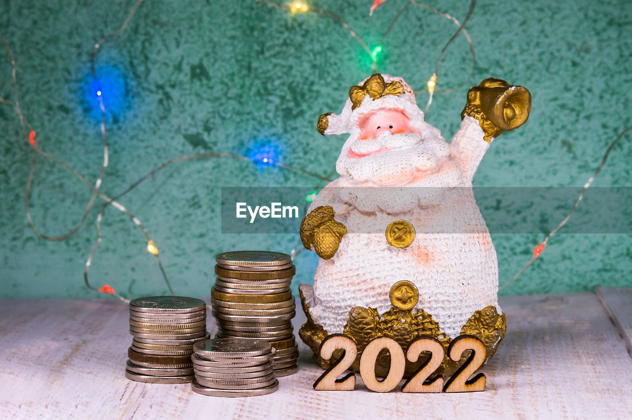 New year's santa claus 2022. money for the holiday. holiday new year and christmas.