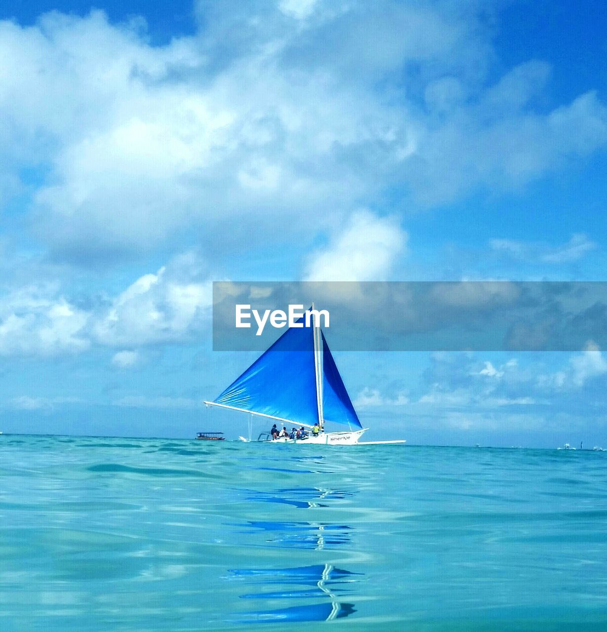 Sailboat sailing in sea against sky