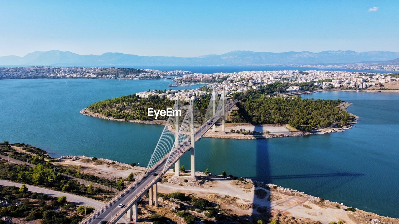 High angle view of city by sea