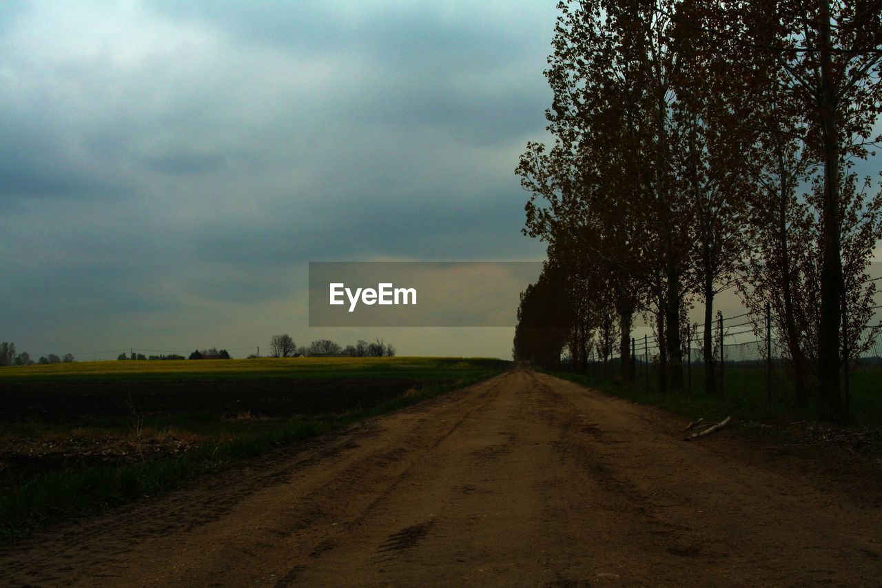 DIRT ROAD AMIDST TREES AND LANDSCAPE AGAINST SKY