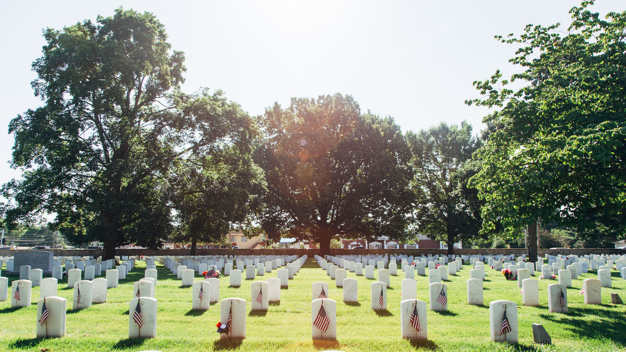 American flags by tombstones at cemetery against trees