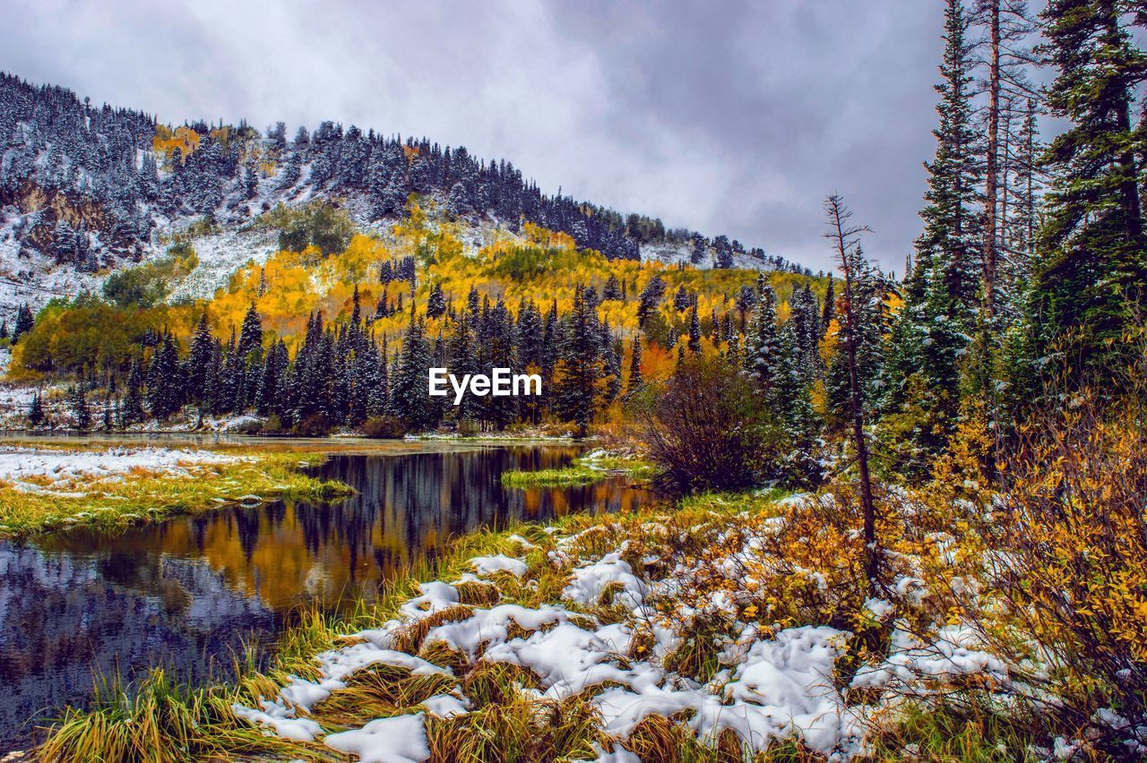 Scenic view of snow covered mountains against sky during winter