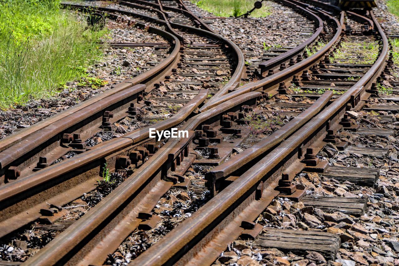 HIGH ANGLE VIEW OF RAILROAD TRACKS BY PLANTS