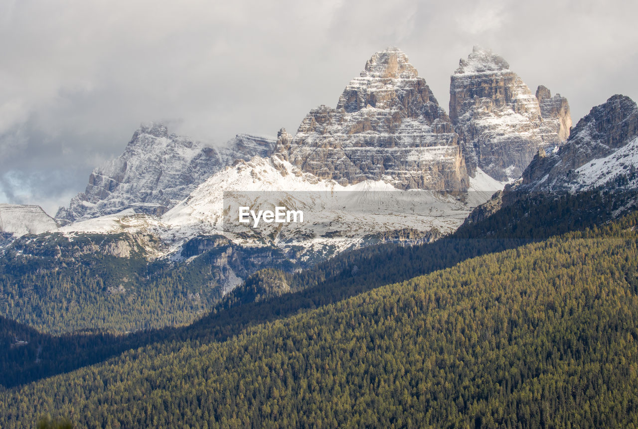 Autumn landscape in dolomites italy with the tre cime mountain