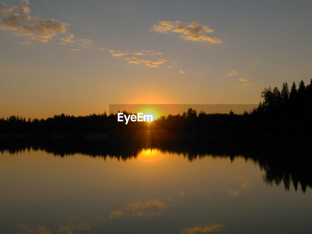 SCENIC VIEW OF LAKE AGAINST ORANGE SKY