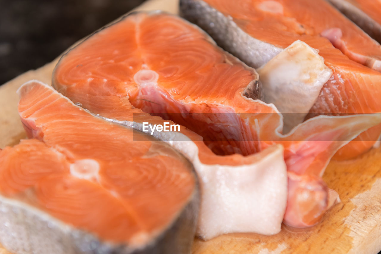 Red salmon fish. salmon steaks. healthy eating red salmon fish. photo on fish production.