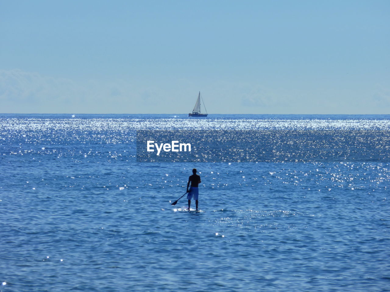 Full length rear view of shirtless man paddleboarding on sea during sunny day