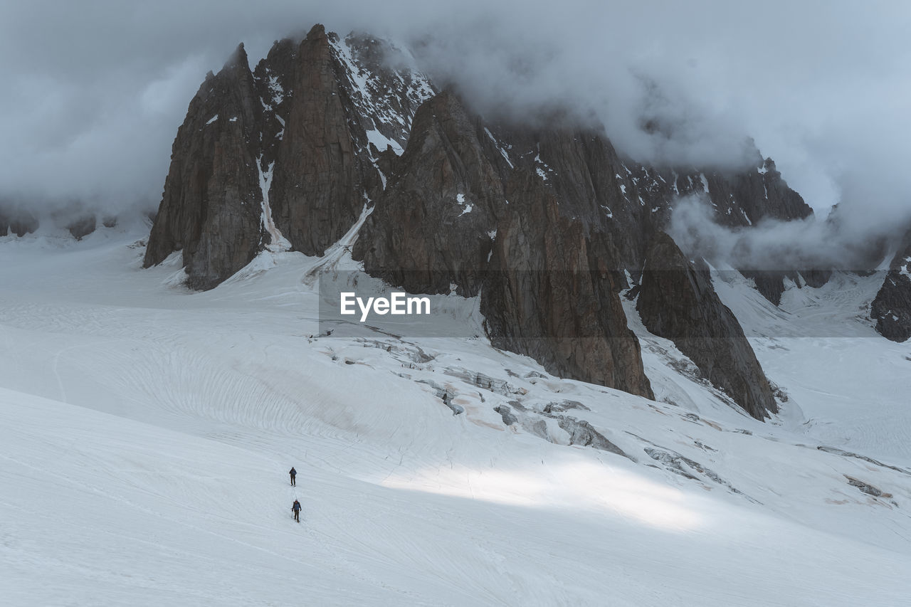 Panoramic shot of roped party traveling on glacier valle blanche