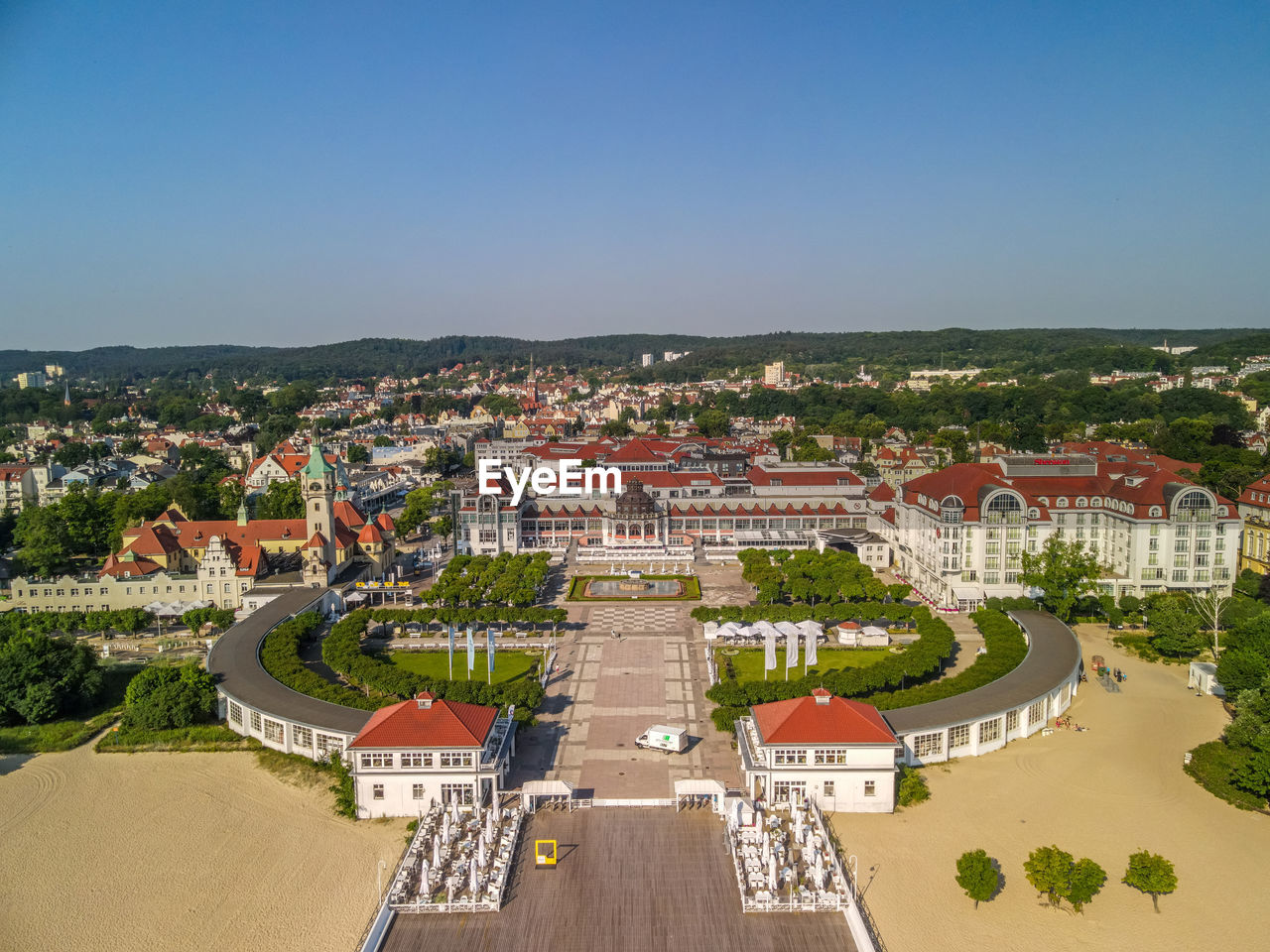 High angle view of townscape against sky, aerial view on the pier in sopot, poland,