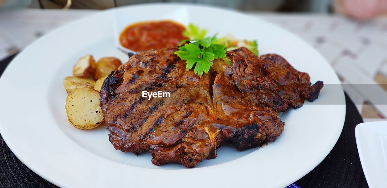 High angle view of kudu meat meal served in plate