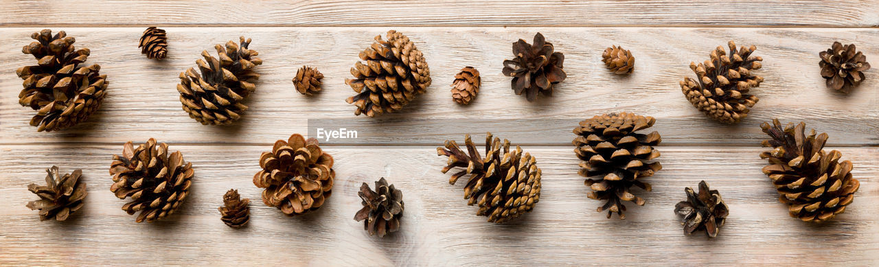 food and drink, food, large group of objects, indoors, no people, high angle view, freshness, table, still life, leaf, wood, arrangement, abundance, wellbeing, healthy eating, directly above, in a row, conifer cone, plant, studio shot, brown, ingredient, nature