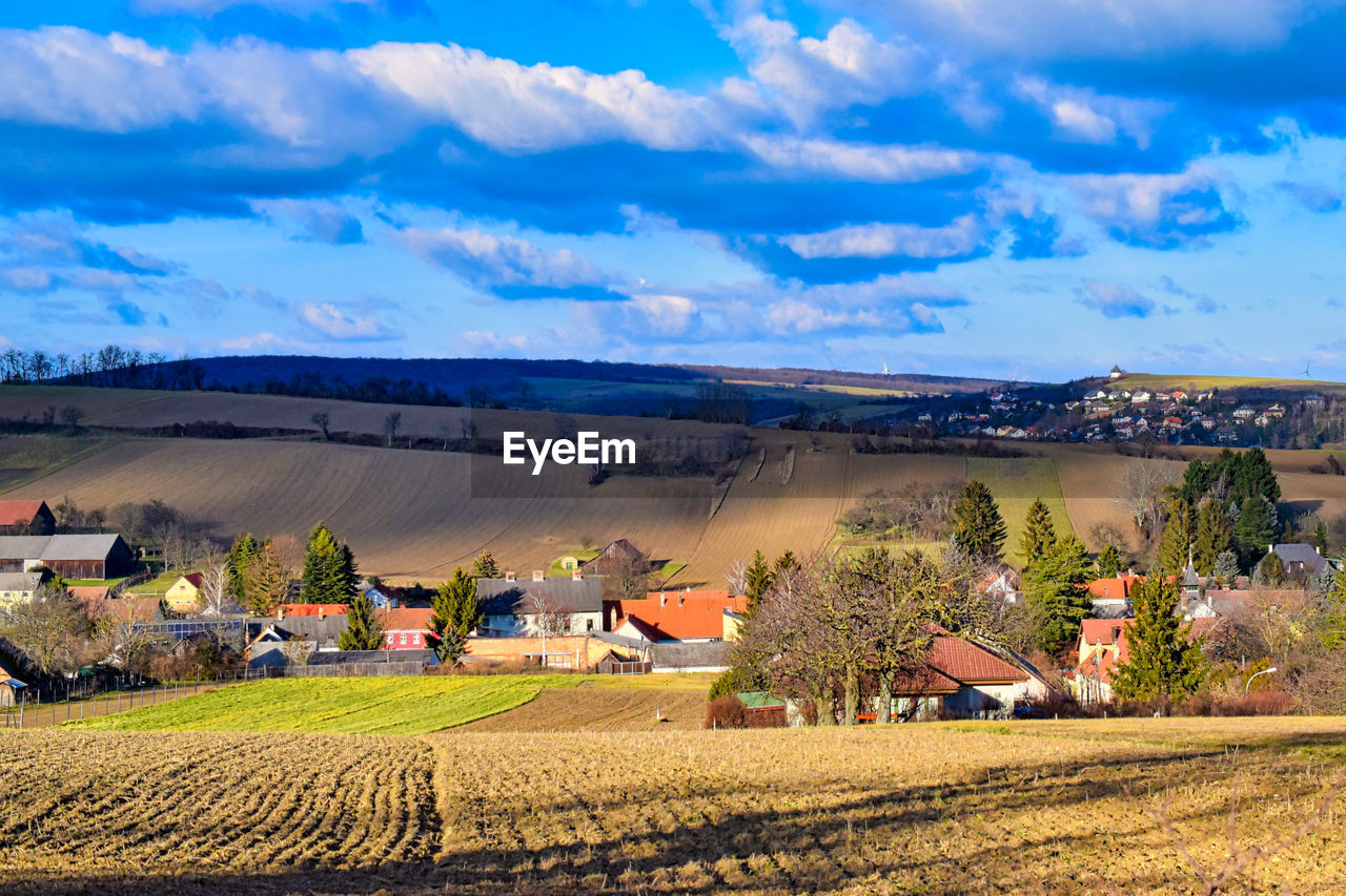 Scenic view of agricultural field by houses against sky