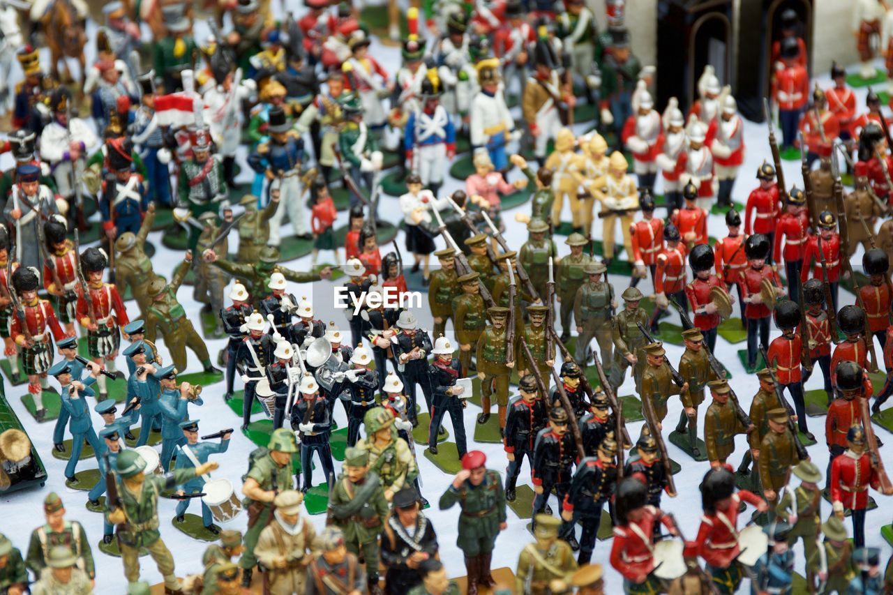 High angle view of toy soldiers on table for sale