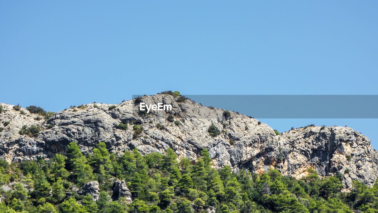 Low angle view of rocks against clear blue sky