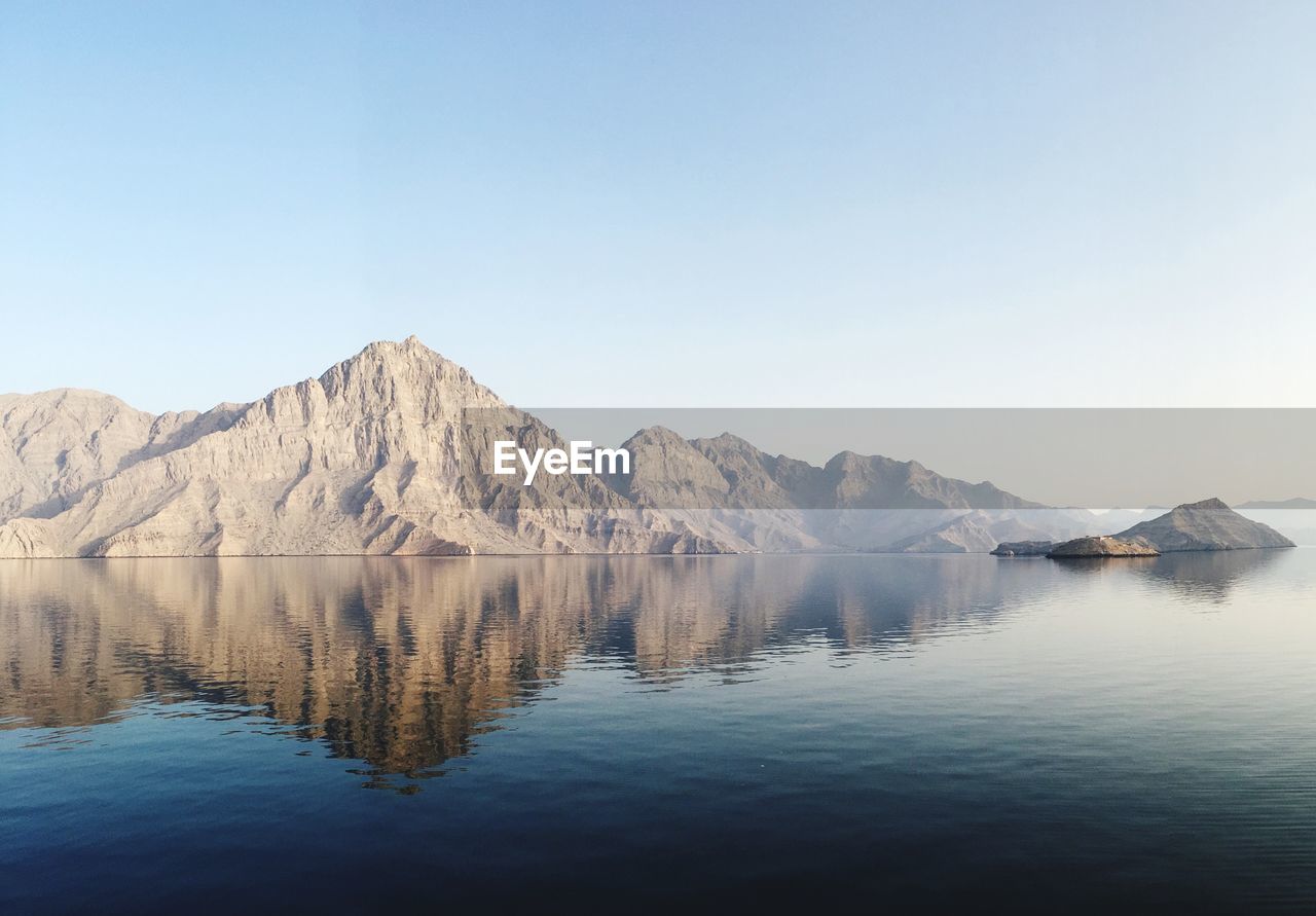 Scenic view of lake and mountains against clear sky