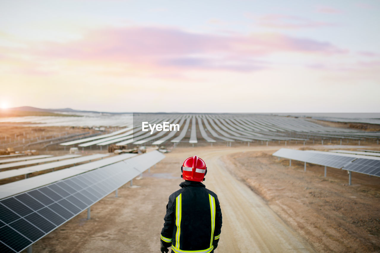 Back view of anonymous person wearing red helmet and protective clothes while standing in field with solar energy panels on sunny day