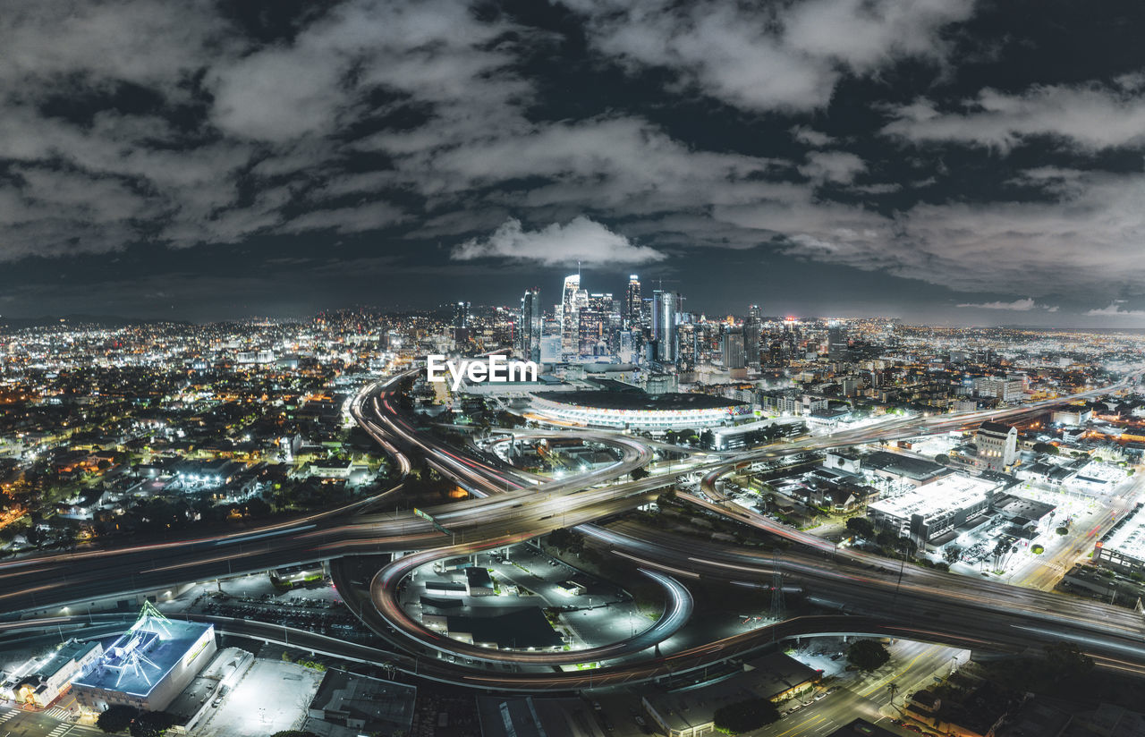 Aerial nighttime shots over downtown los angeles