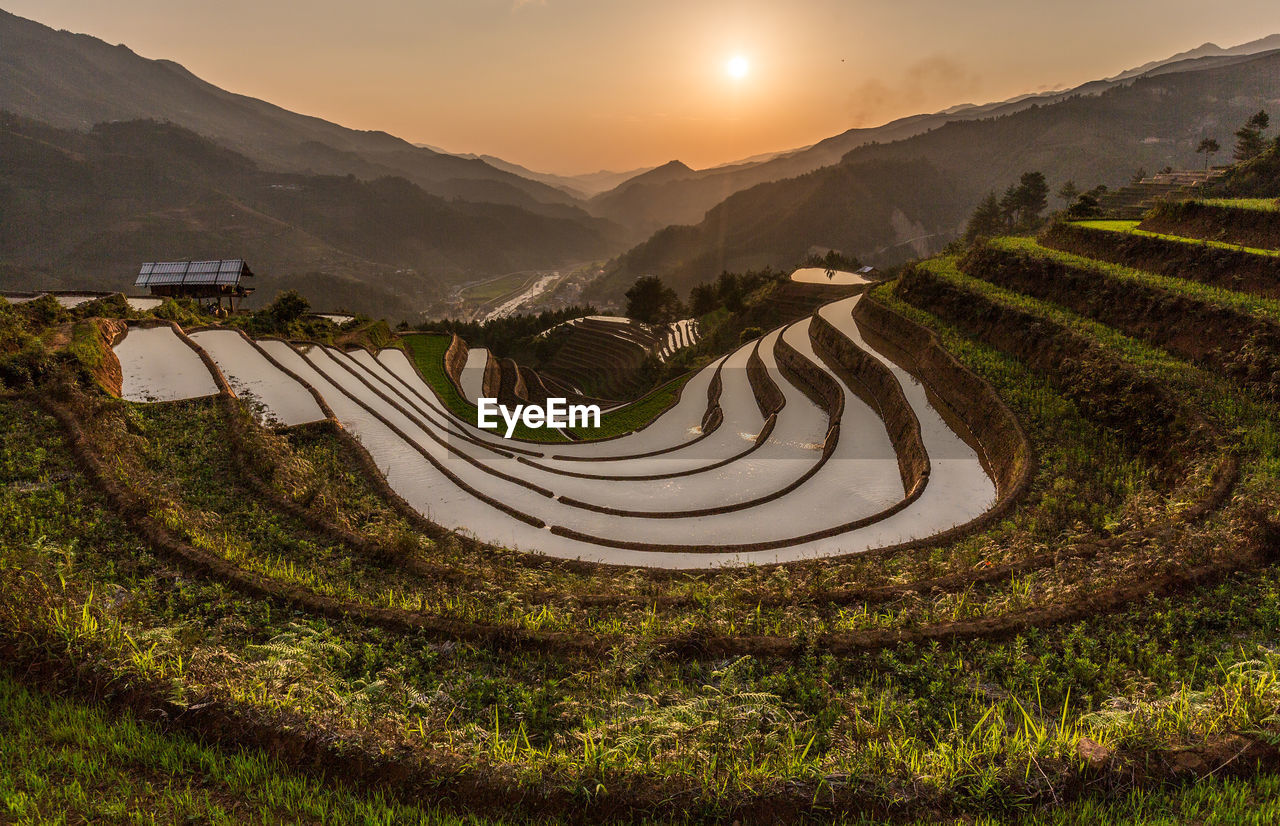 High angle view of land against sky during sunset