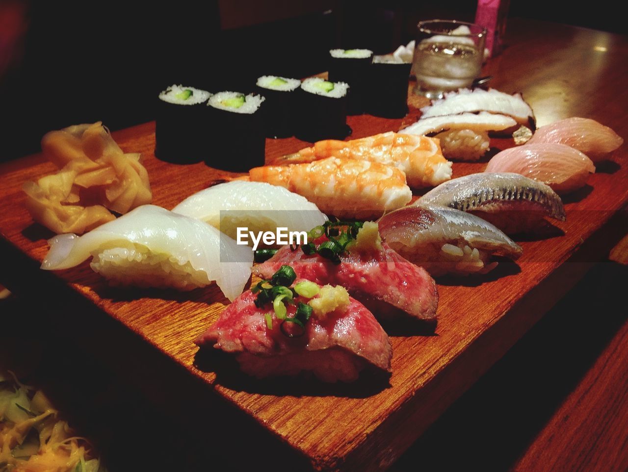 Close-up of seafood serving on table