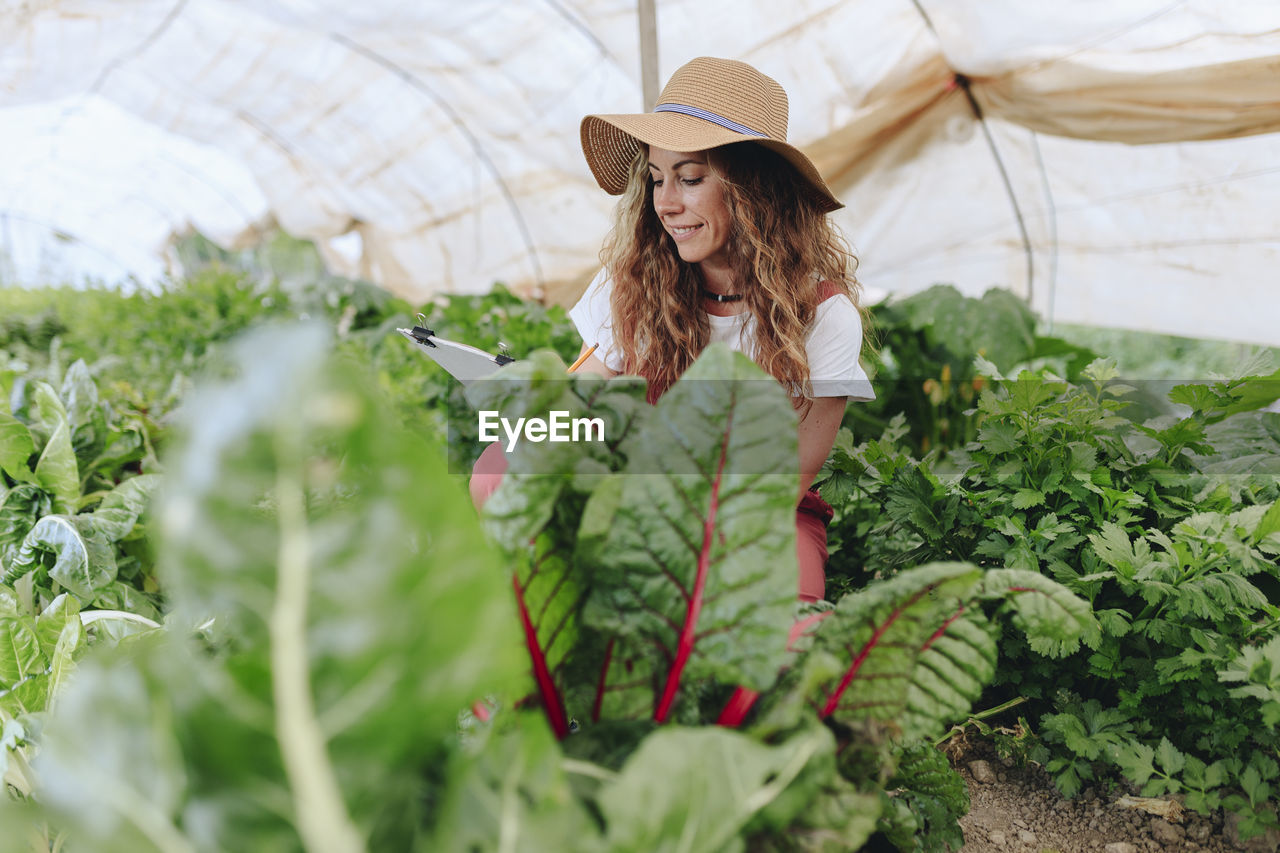 Smiling farmer taking inventory of vegetables at greenhouse