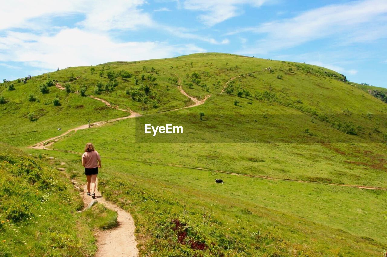 Rear view of woman on trail leading towards green hill