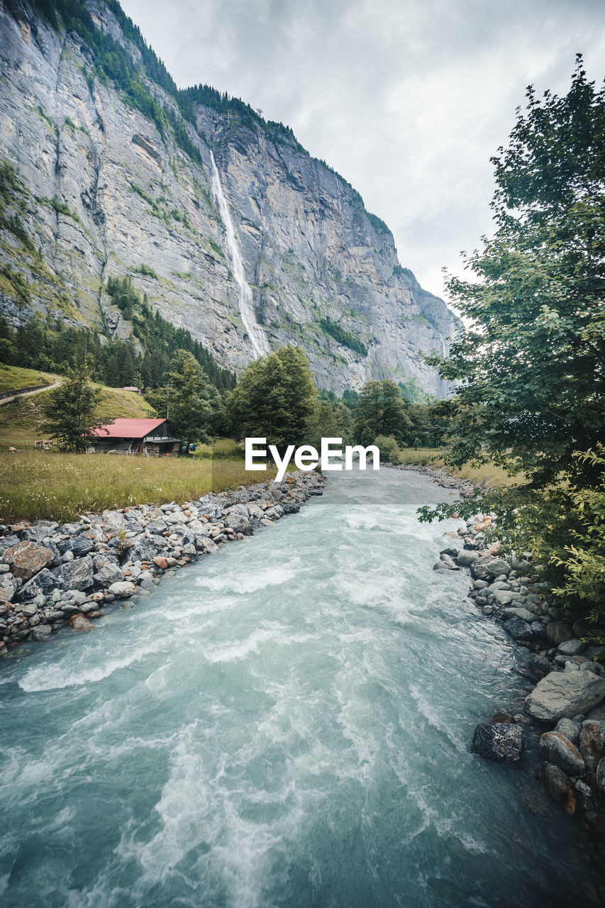 Scenic view of river flowing against mountain in forest