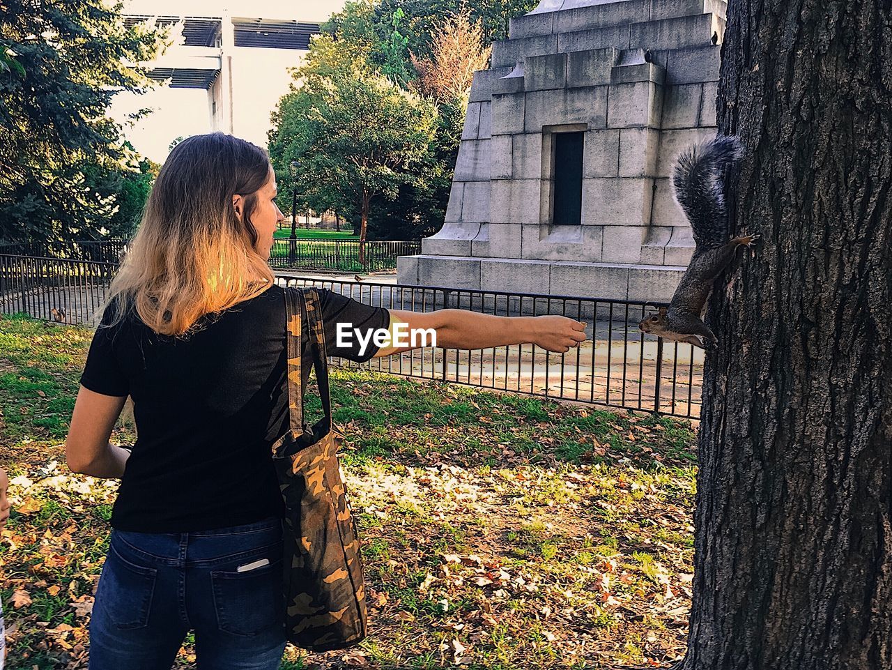 Woman feeding squirrel on field