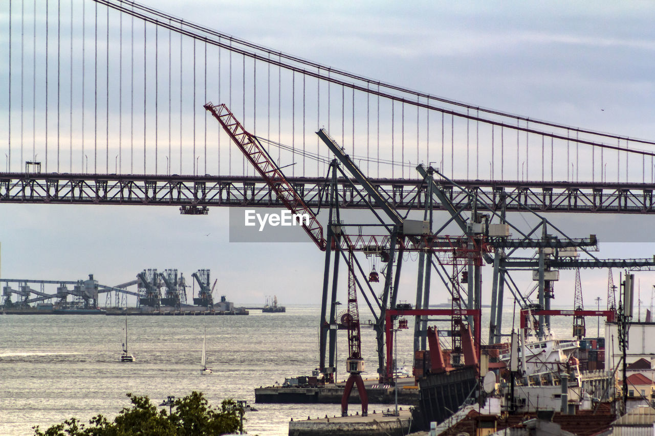 Cranes on bridge over river against sky