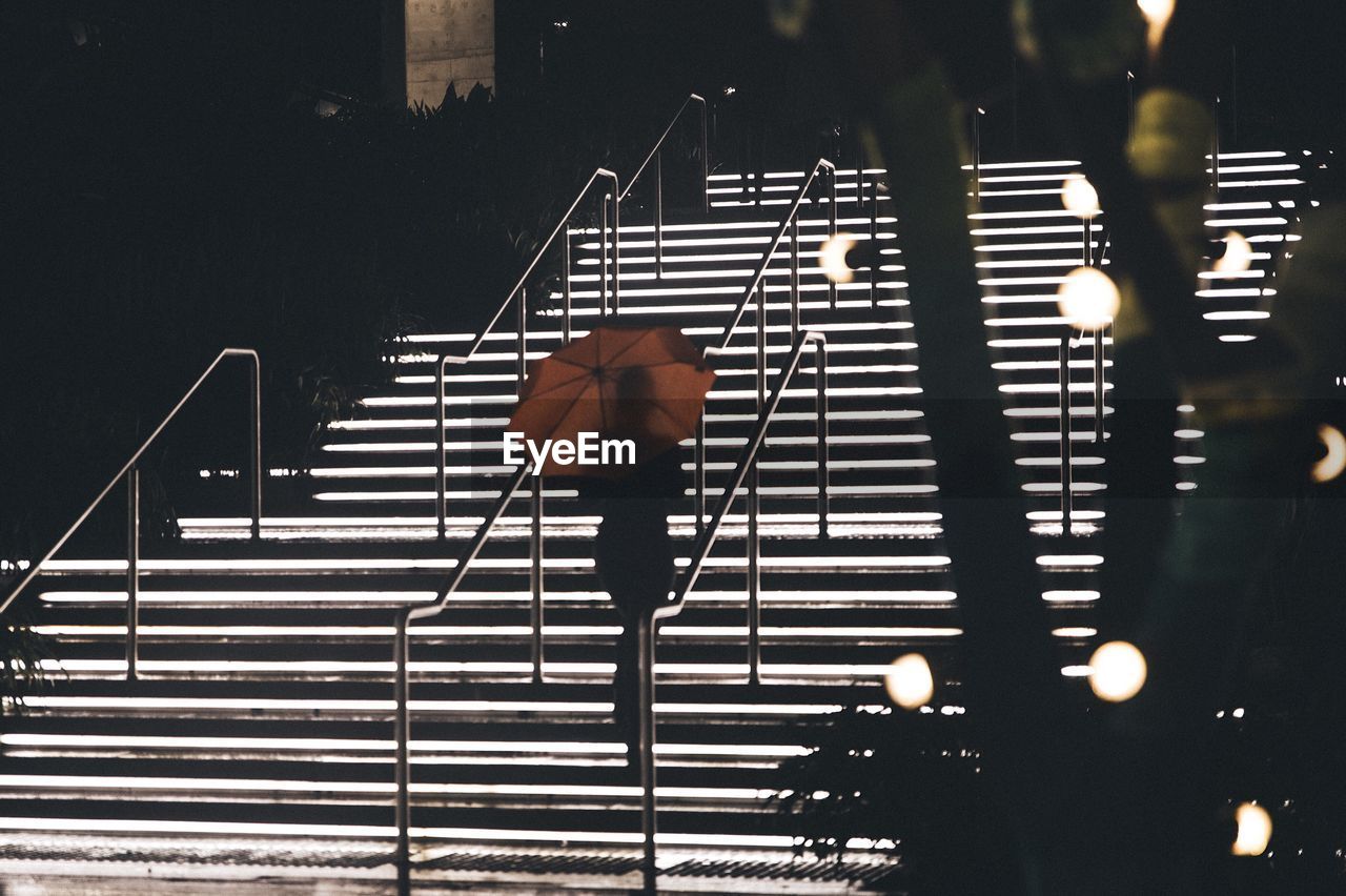 Rear view of woman standing on staircase