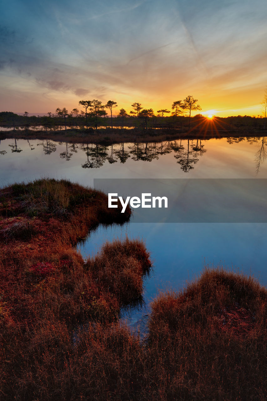 Scenic view of lake against sky during sunset