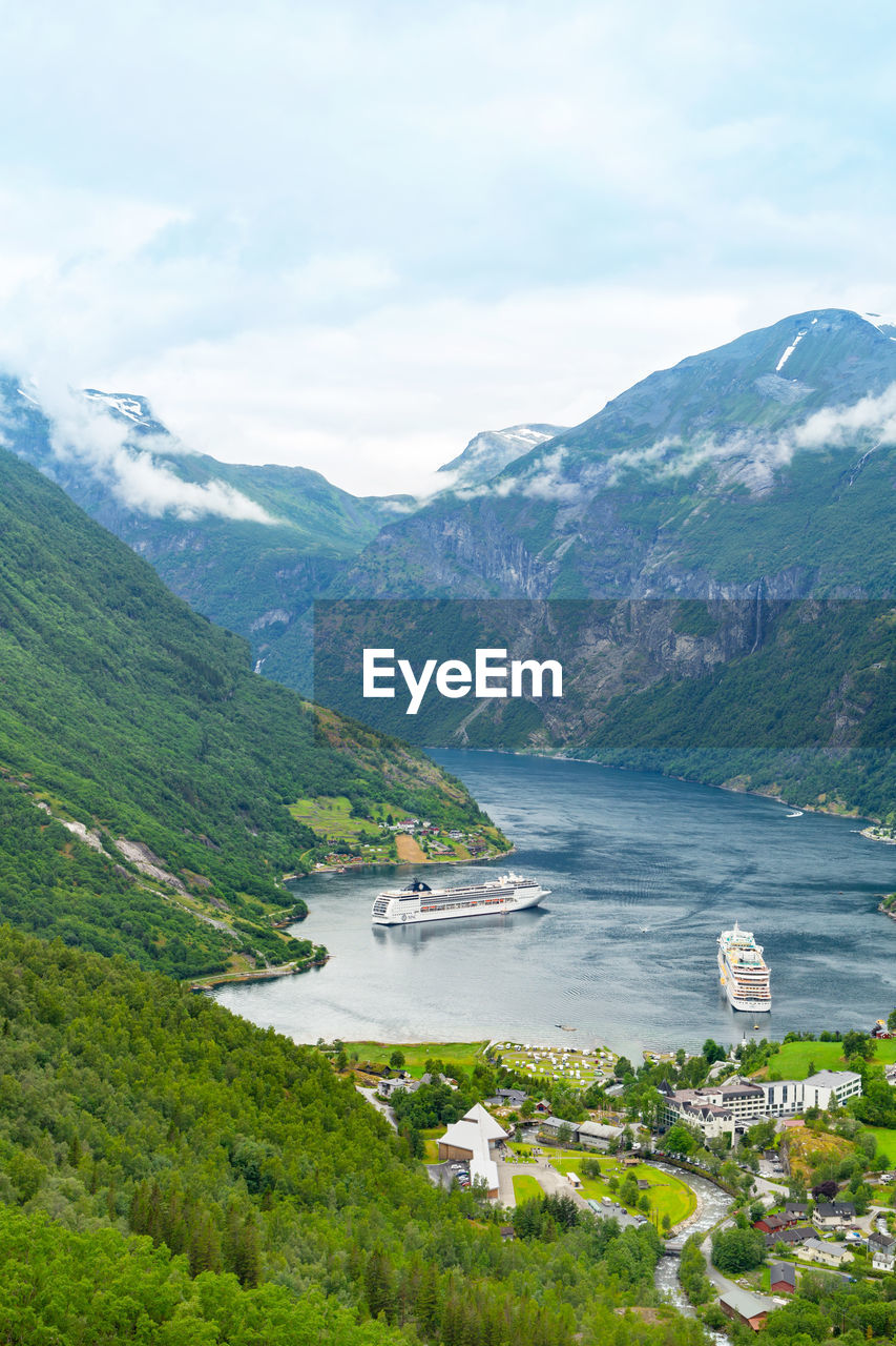 Geiranger seaport view point. norway nature and travel background. tourism holidays and travel.