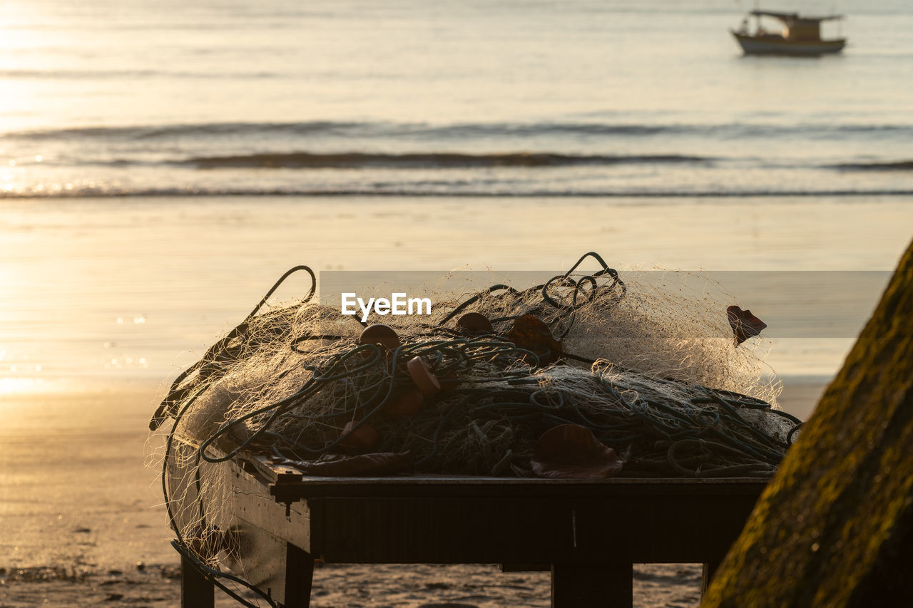 View of fish net on beach