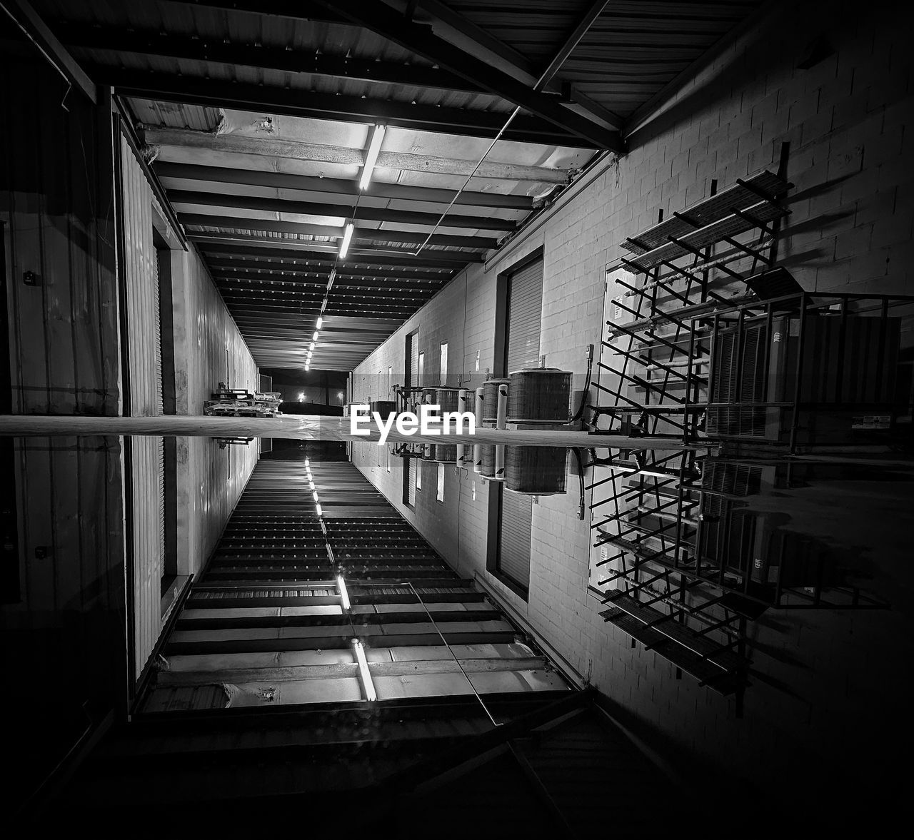 darkness, architecture, black, light, black and white, monochrome, built structure, indoors, monochrome photography, white, no people, building, ceiling, the way forward, railing, corridor