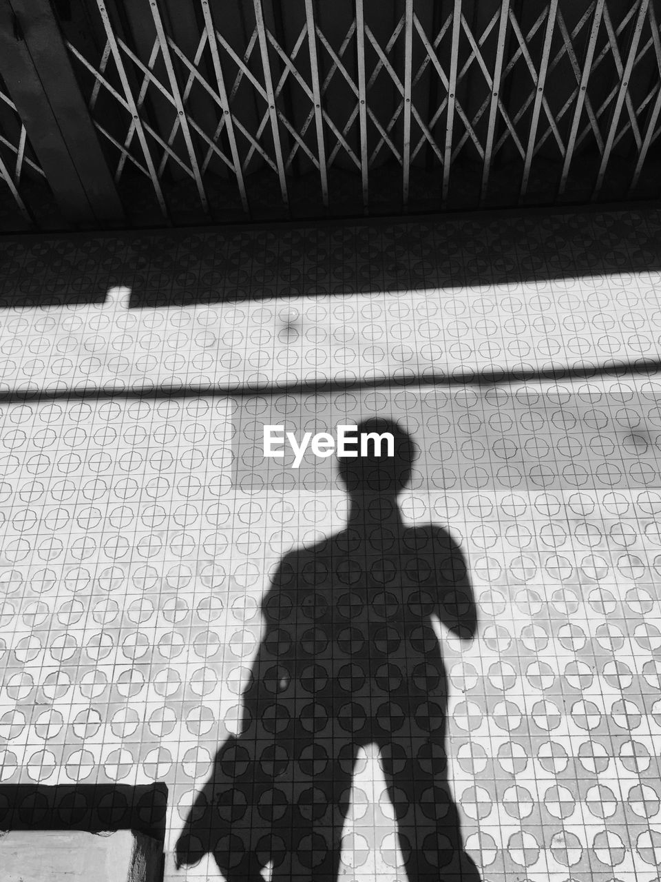 Shadow of person standing on footpath by gate