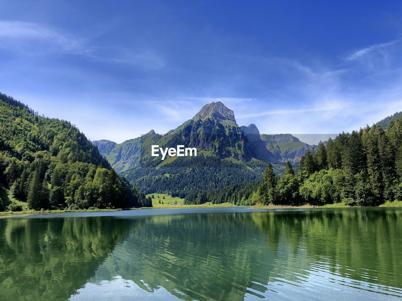 Scenic view of lake and mountains against sky