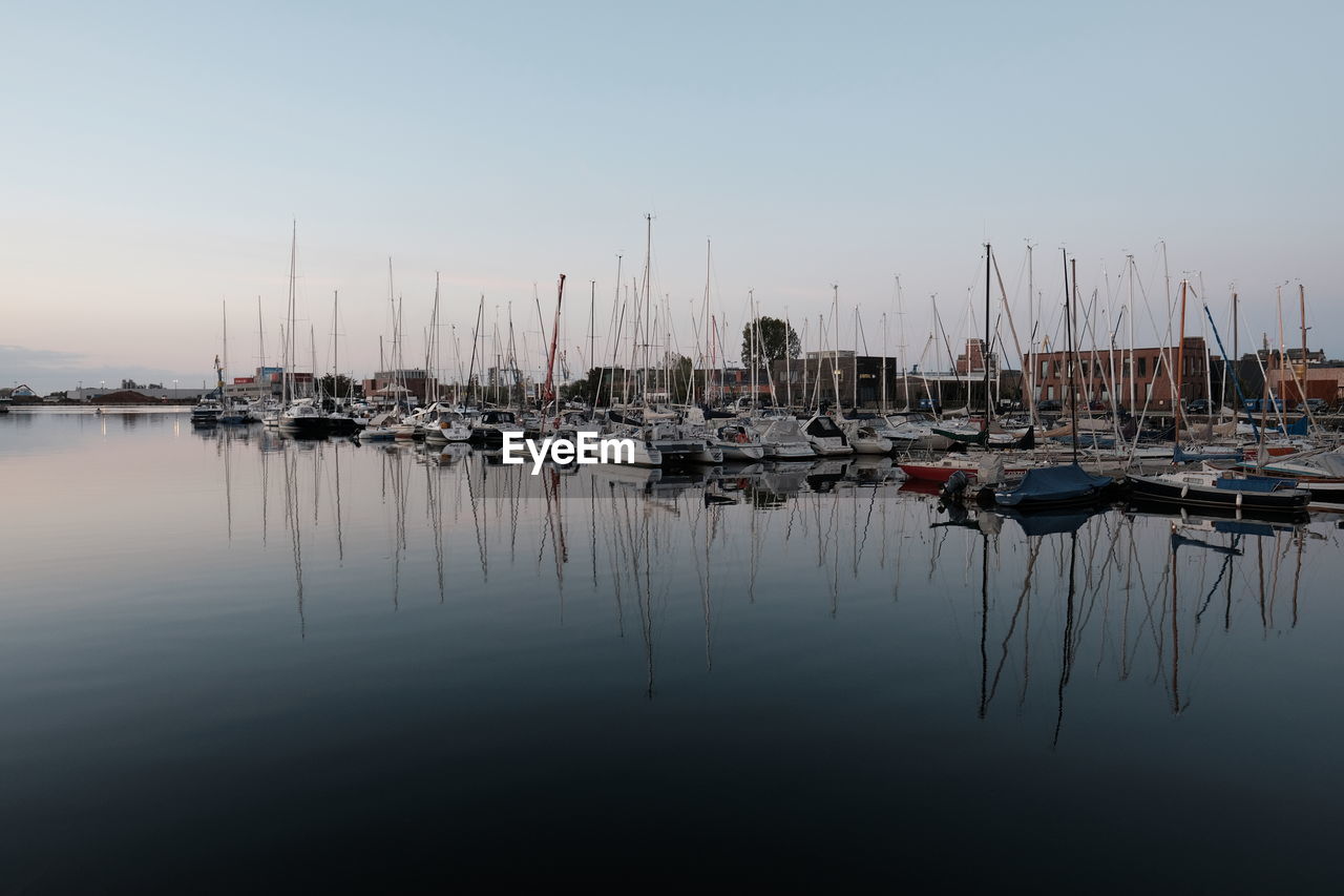 Sailboats moored in harbor