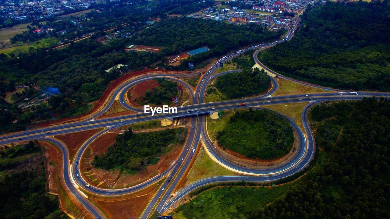 Aerial view of winding road on landscape