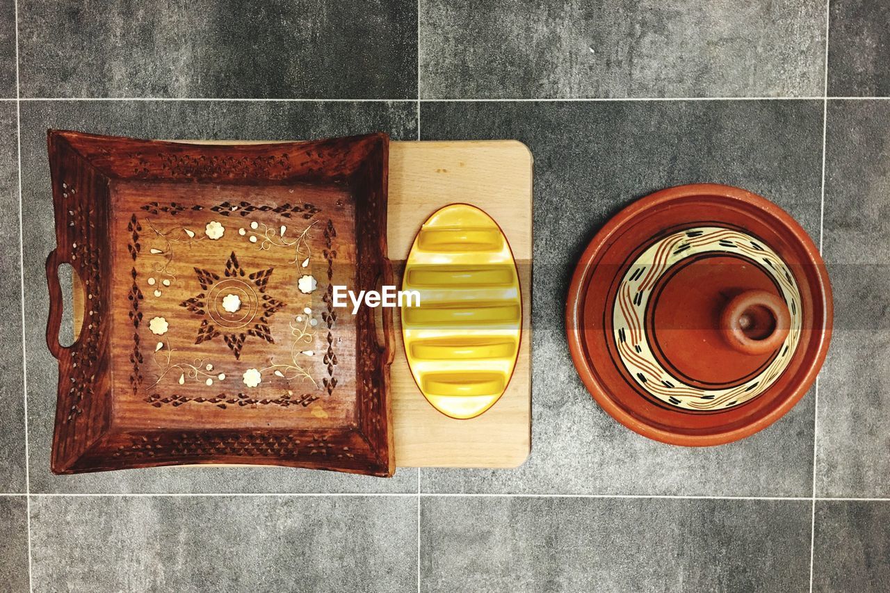 Directly above shot of empty serving tray with bowl